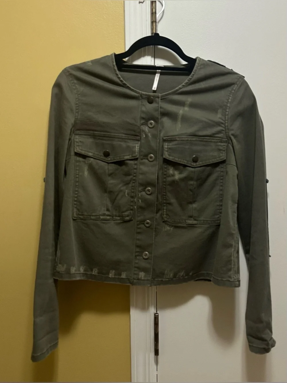 Free People LOU Olive Green/Black Accent Distressed Military Denim Jacket (XS) - Picture 3 of 12